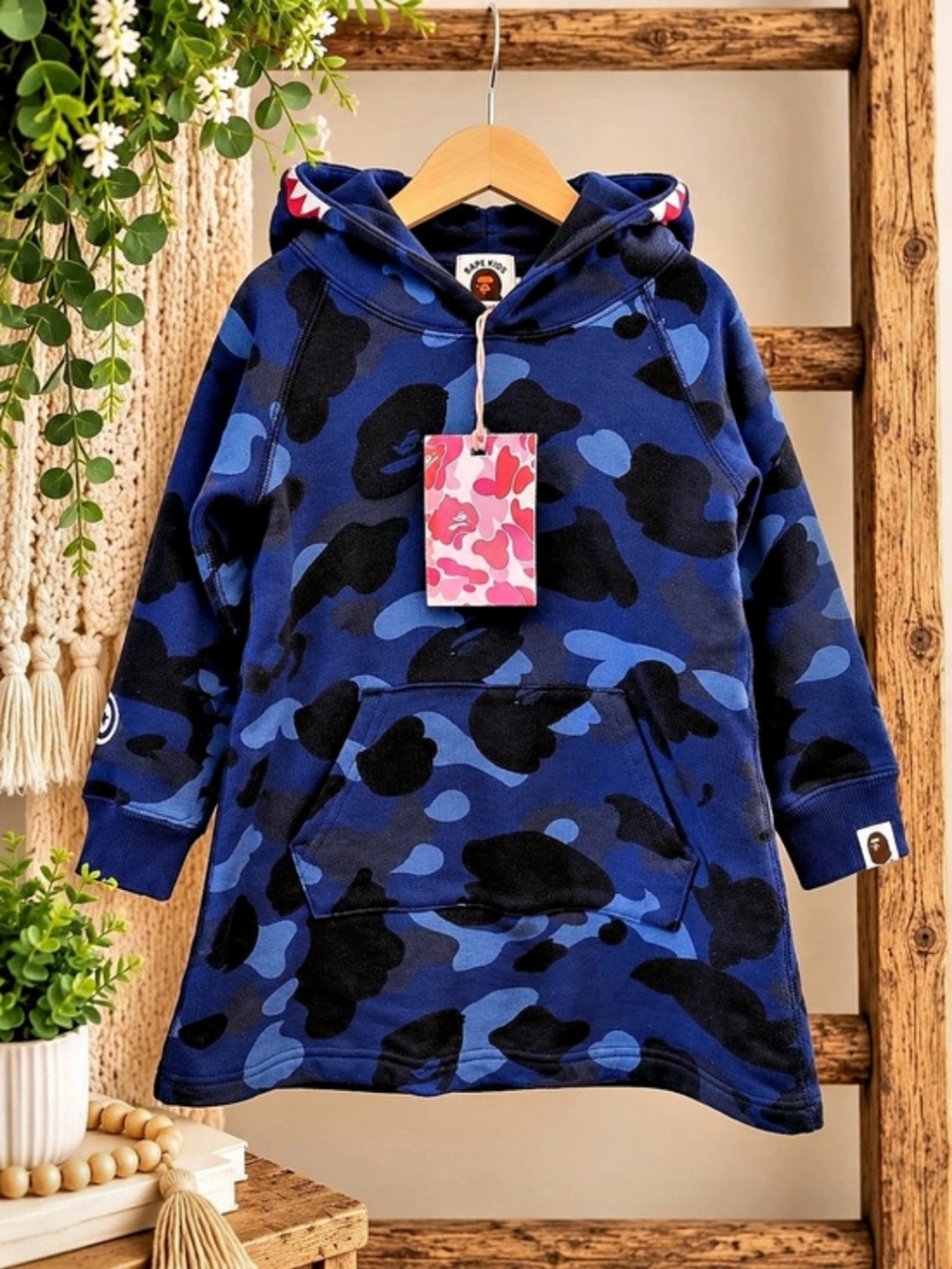 NWT BAPE Kids Camo Shark Hoodie Size 90 Blue Camo Made In Japan Designer Kids